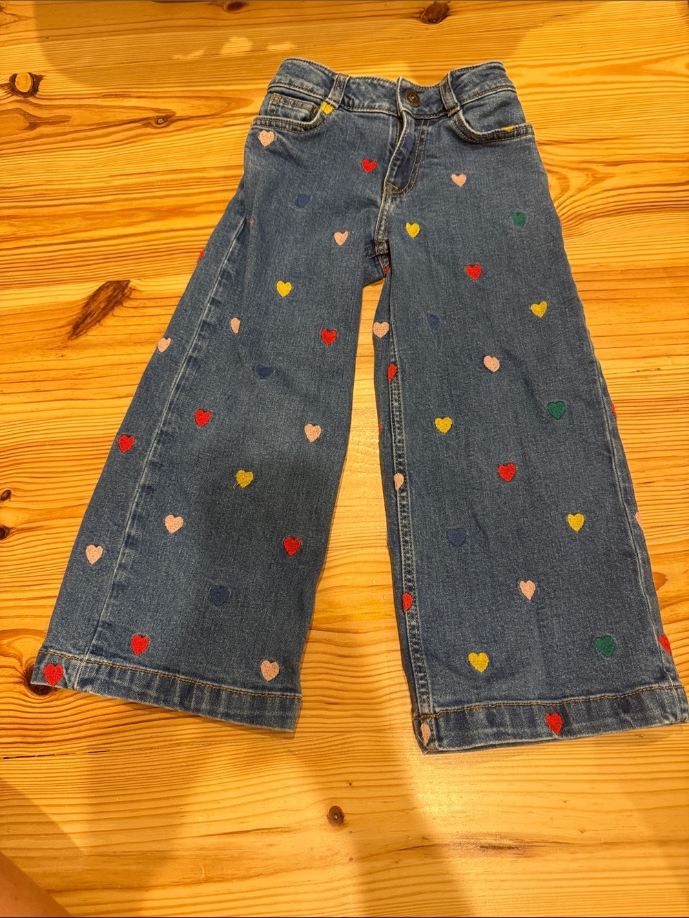 Mini Boden Blue Wide-Leg Jeans with Multicolor Heart Embroidery